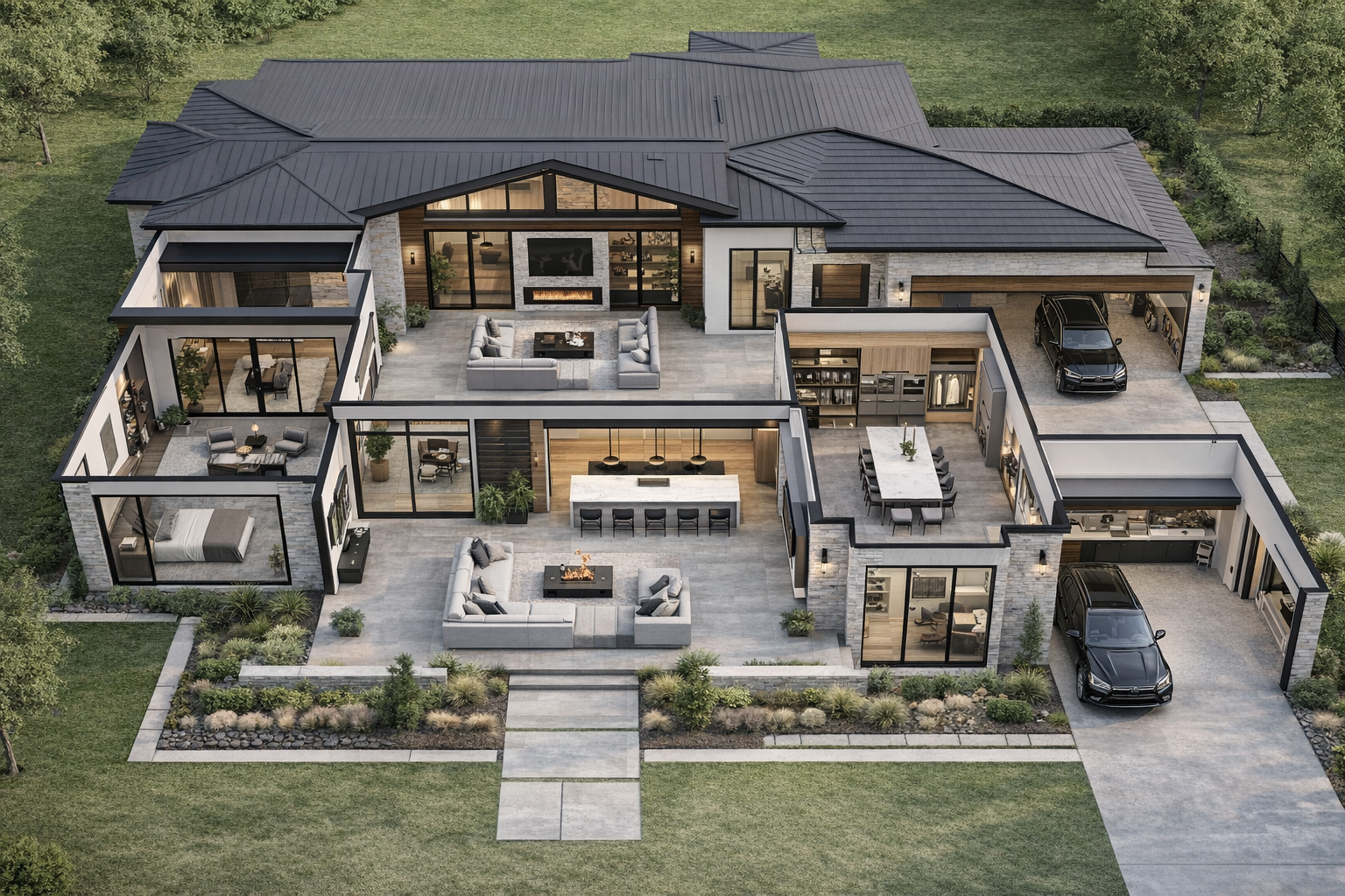 A modern, spacious house with multiple outdoor living areas, a large central kitchen with island, three garage spaces with cars, and lush landscaping surrounding the property.
