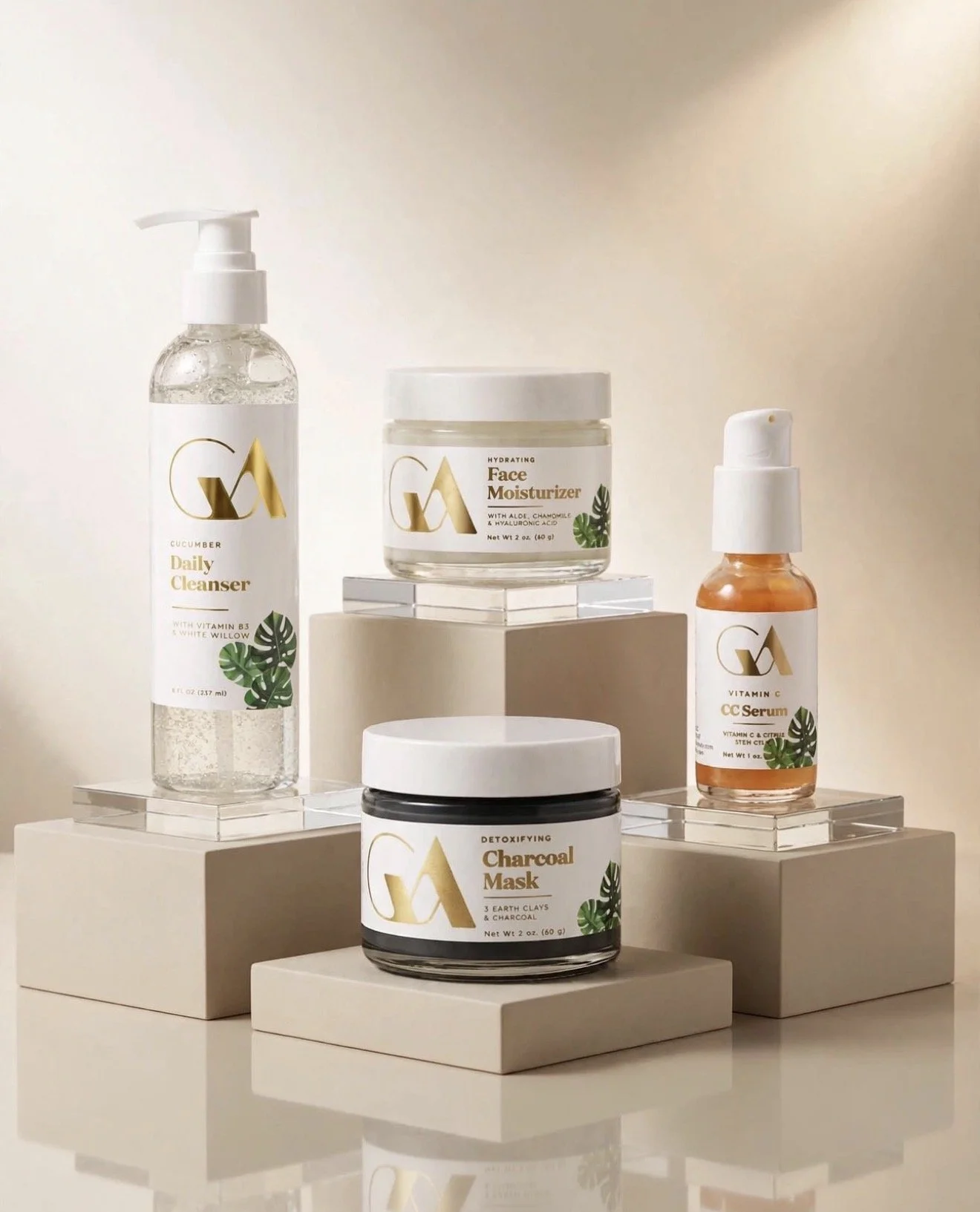 Collection of skincare products including a cucumber daily cleanser, a face moisturizer, a vitamin C CC serum, and a charcoal mask, placed on beige display stands against a neutral background.
