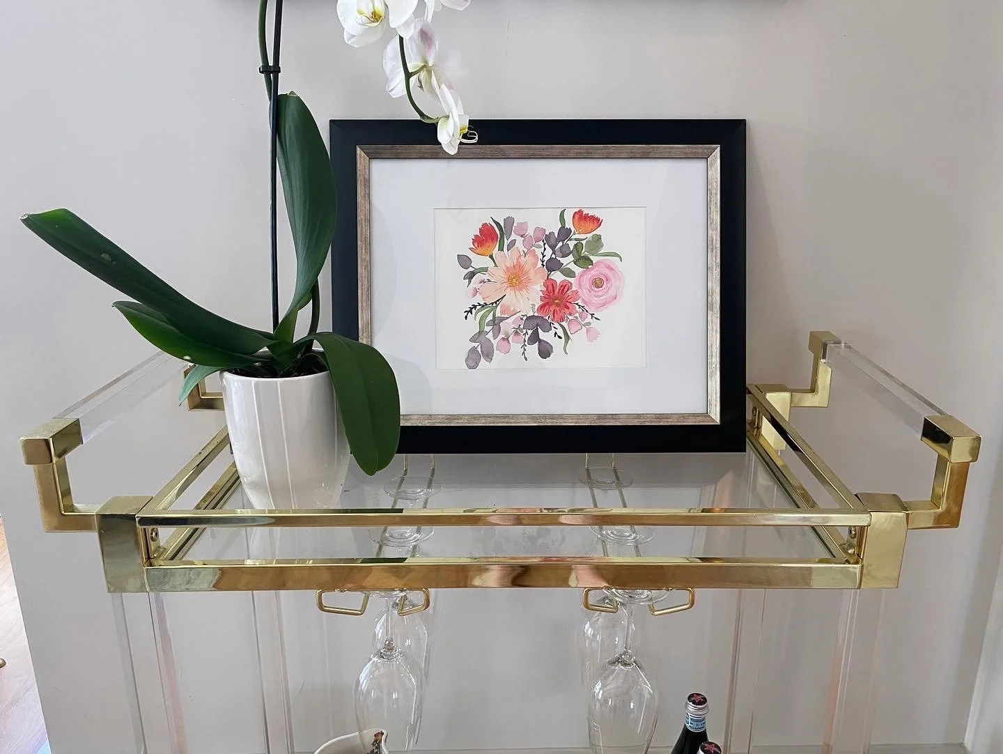 Watercolor floral styled on bar cart