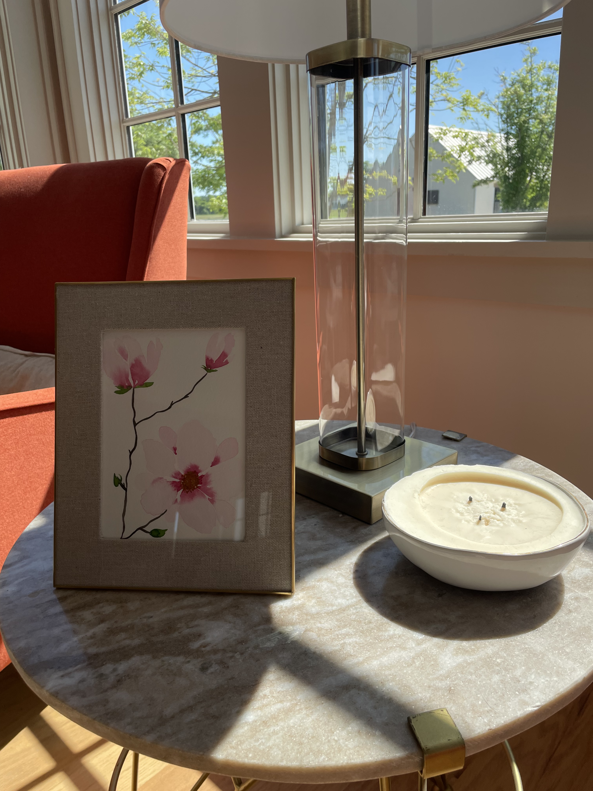 Watercolor floral styled on marble side table