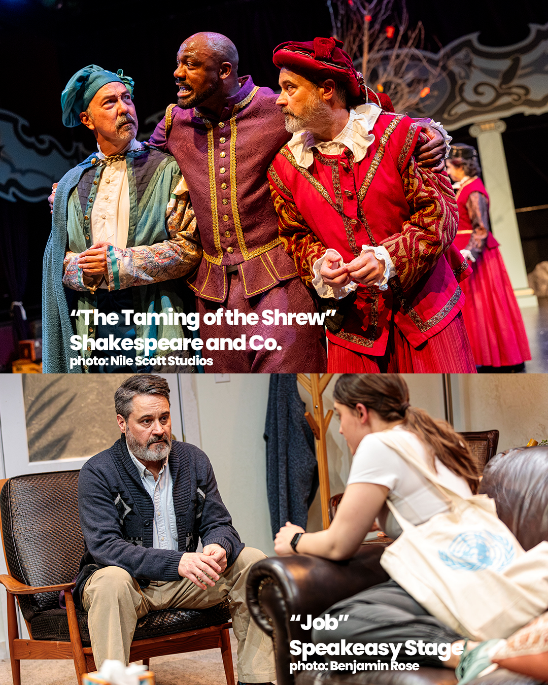 Dennis Trainor Jr on stage in The Taming of the Shrew at Shakespeare and Co and on the bottom, Dennis Trainor Jr in "Job" at Speakeasy Stage