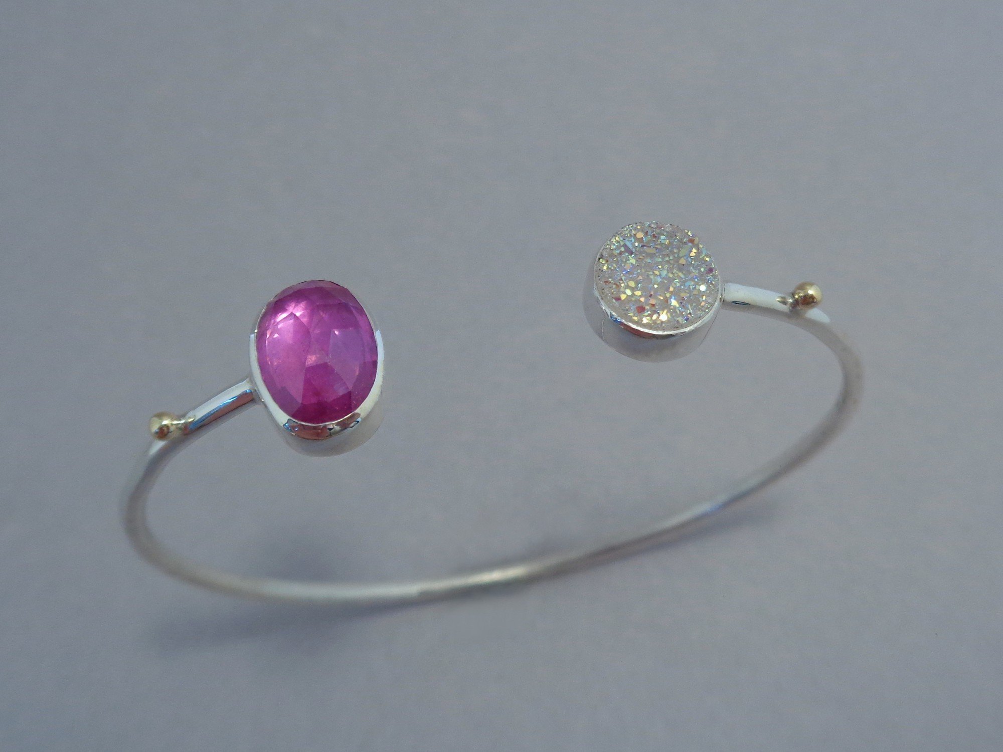 sterling cuff with pink ruby and white druzy x.jpg