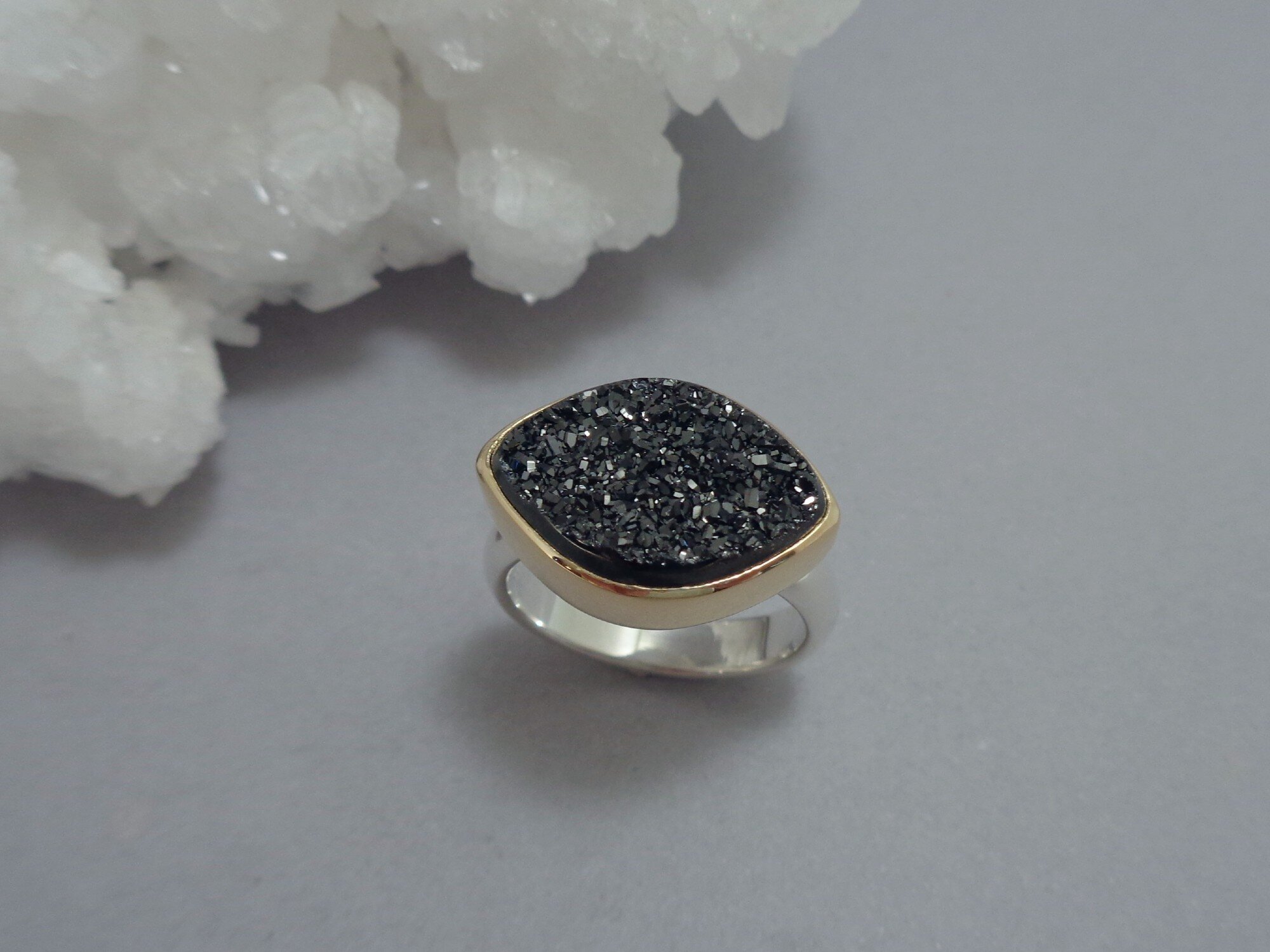 10mm Stone Great Gift for Women Sivalya TWINKLE Black Druzy Ring for Women Size 7 in Solid Sterling Silver 