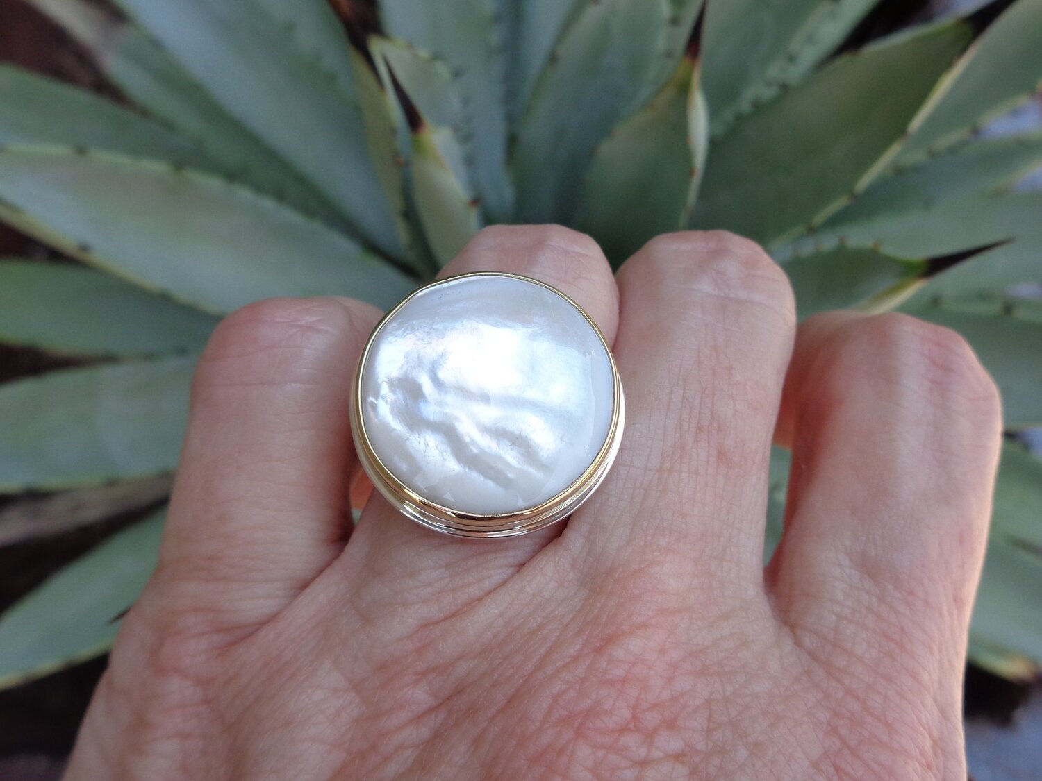 Large White Mother of Pearl Ring in 18k Gold and Sterling Silver — Linda  Blumel Studio
