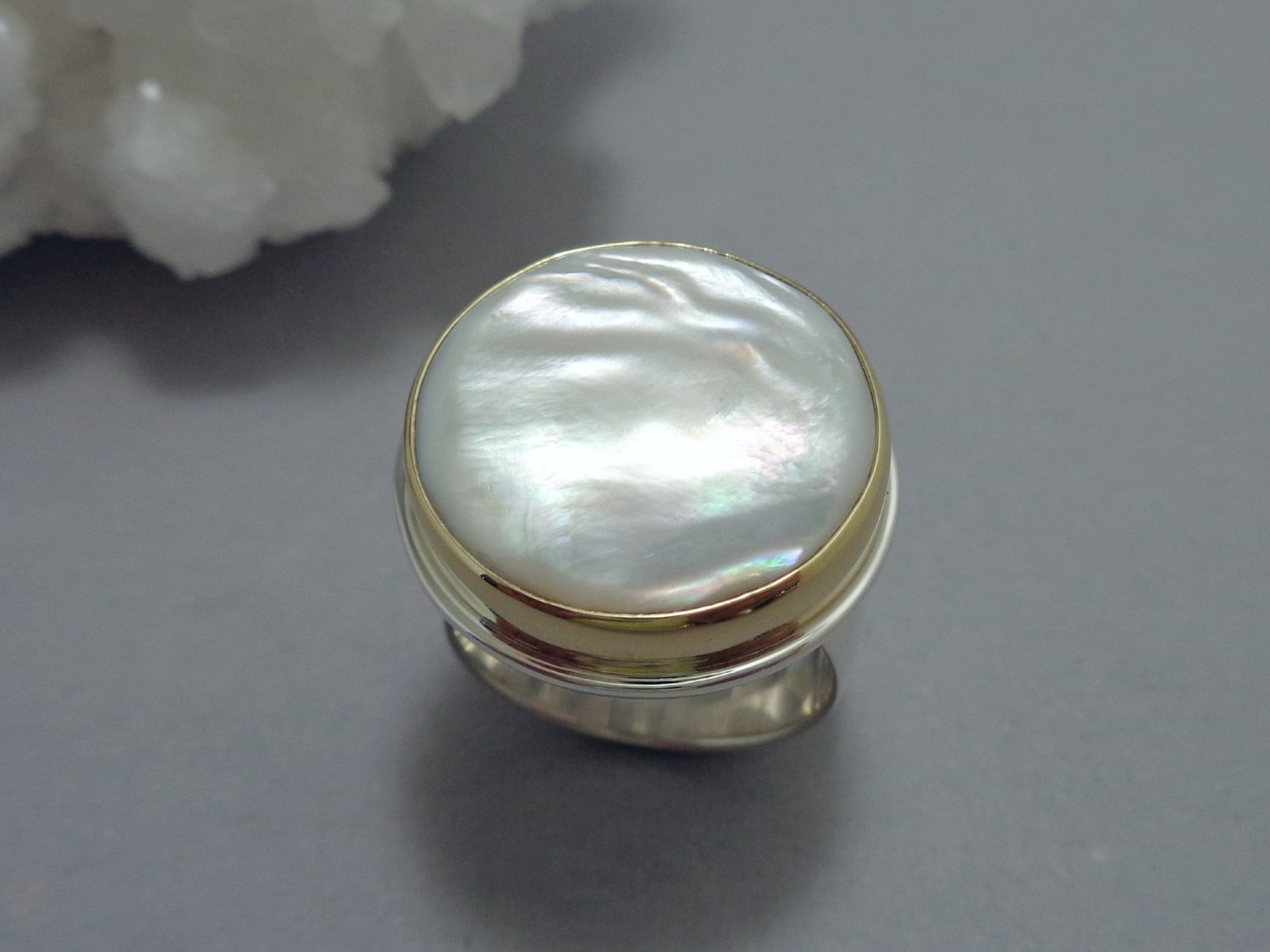 Large White Mother of Pearl Ring in 18k Gold and Sterling Silver — Linda  Blumel Studio