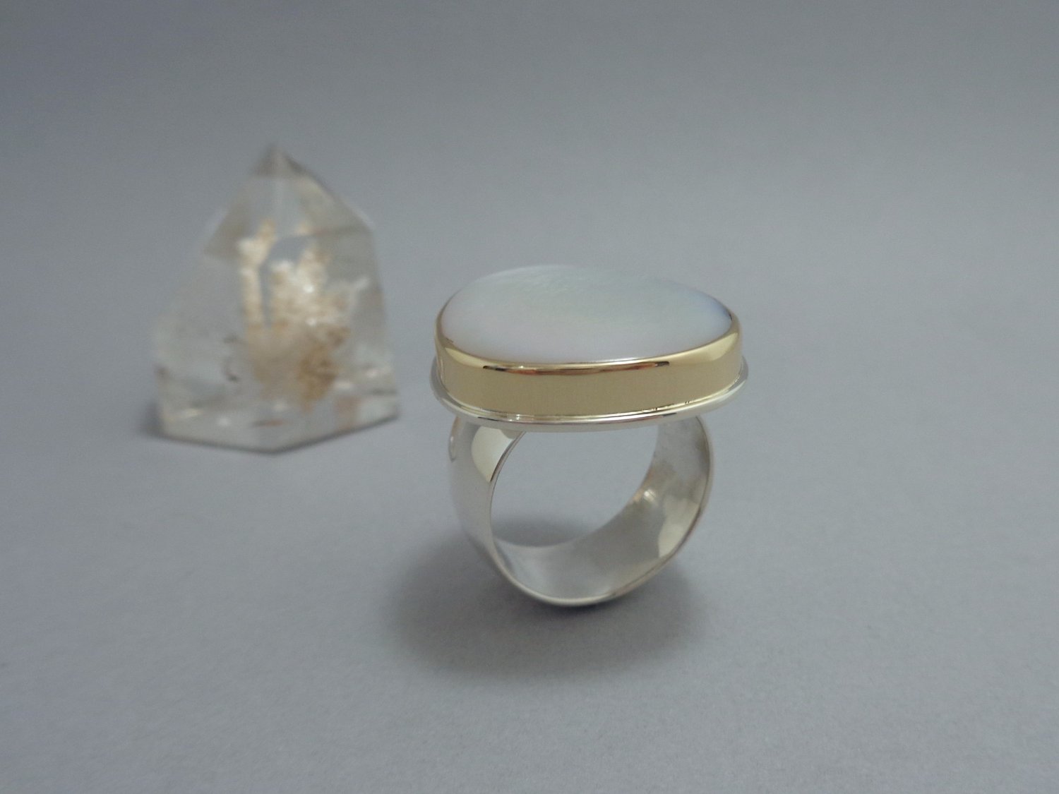 Large White Mother of Pearl Ring in 18k Gold and Sterling Silver — Linda  Blumel Studio