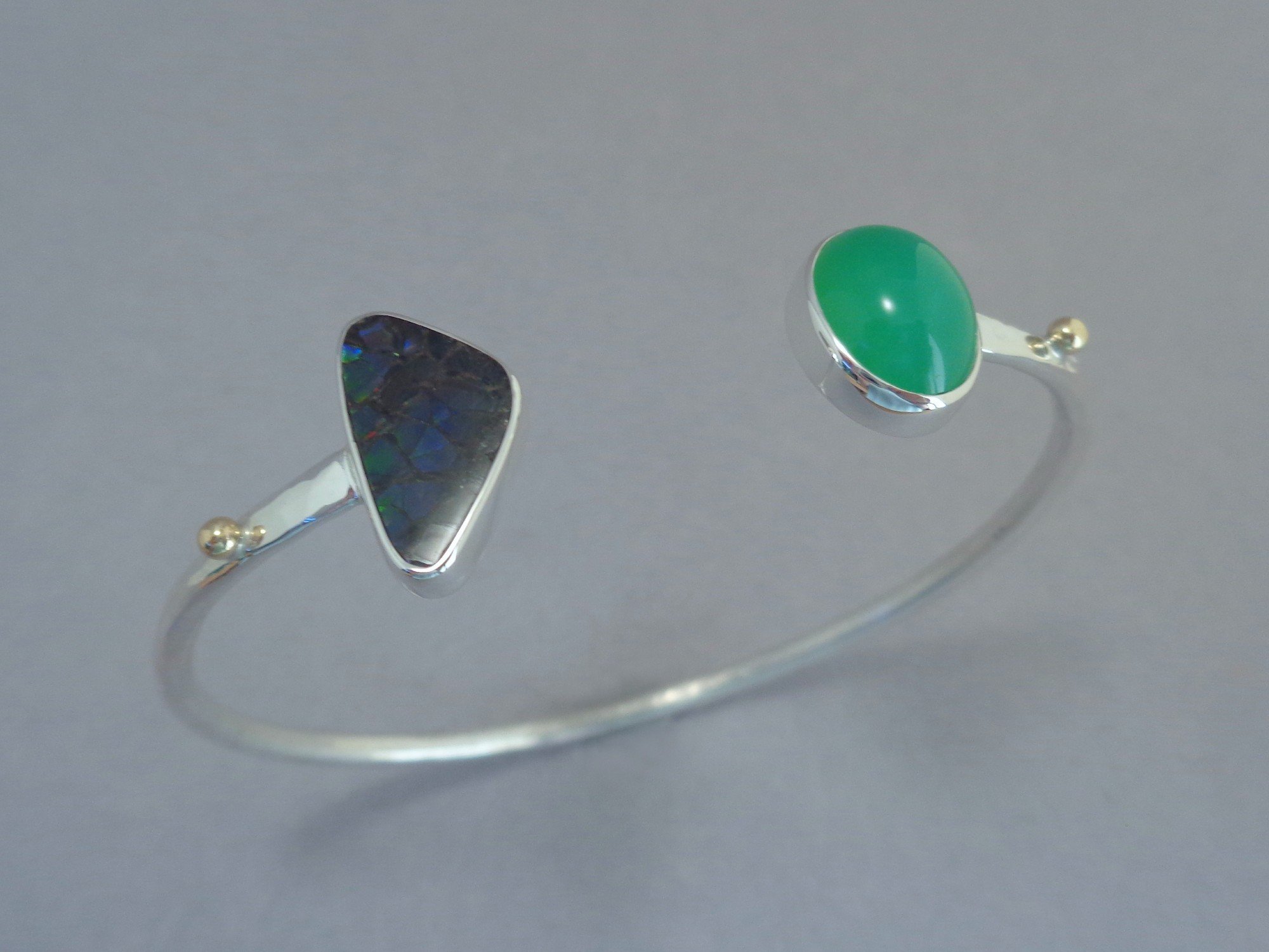 cuff bracelet with chrysoprase and ammolite x.jpg