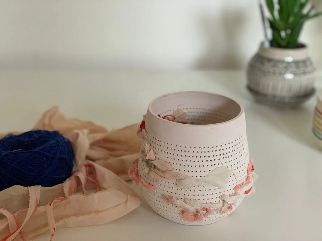 I'm always playing around with texture and color and movement.β β 
I threw this piece in 2012 as part of a potential senior thesis but went in a different direction and forgot all about it. Lately I have been weaving it again and I really like the dire