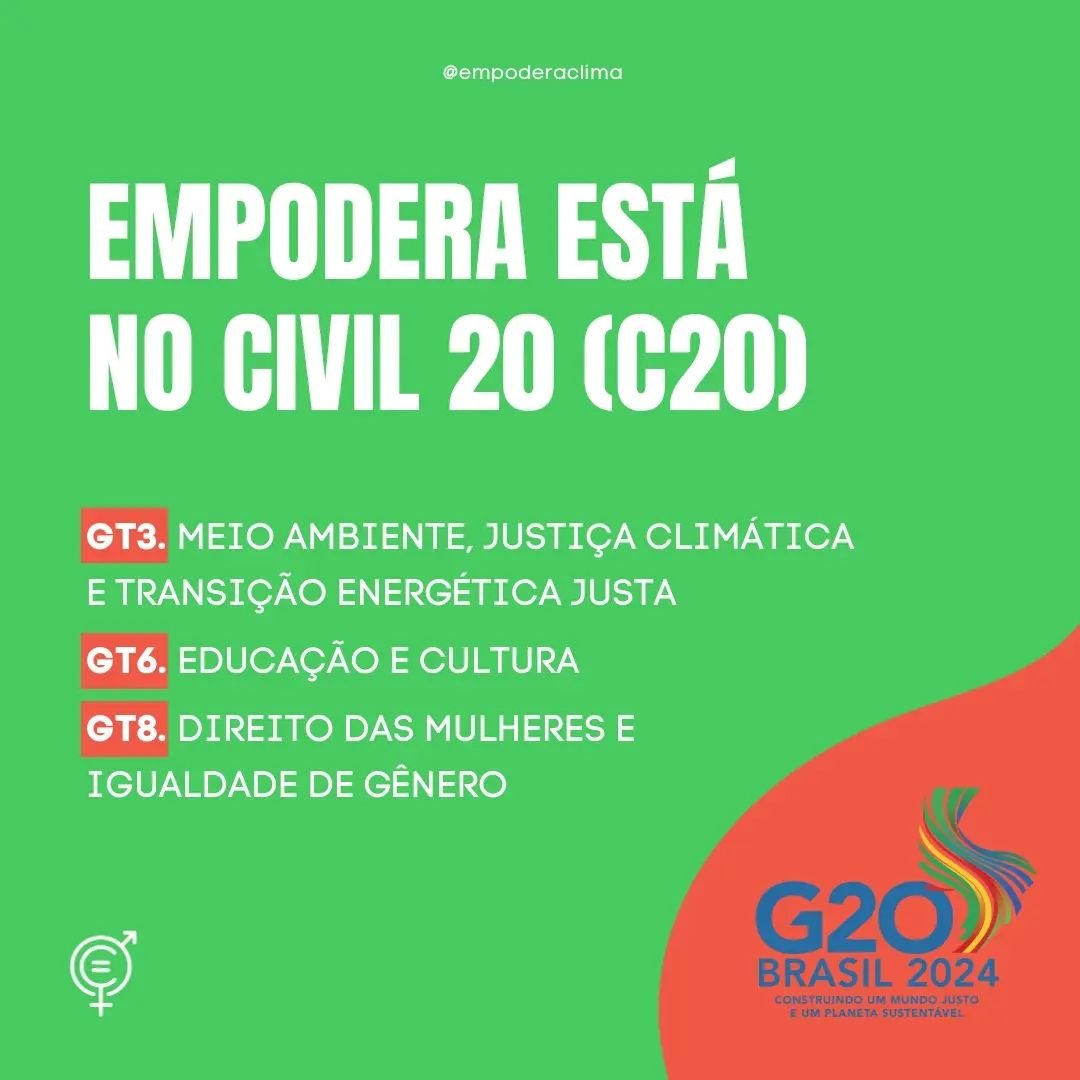 Empodera no C20! 🌍🌱✊🏼

A presid&ecirc;ncia do Brasil no grupo do G20, as 20 maiores economias do mundo, trouxe o evento para o Rio de Janeiro, em novembro. 

Essa ser&aacute; uma oportunidade &uacute;nica para a sociedade brasileira influenciar na