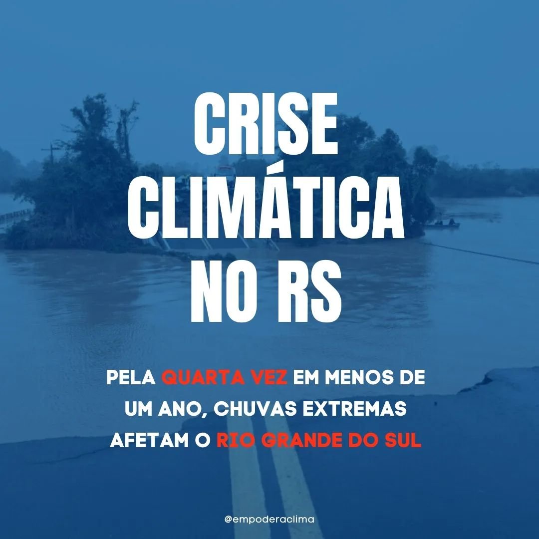 🚨Crise Clim&aacute;tica no RS!

Essa semana vimos novamente fortes chuvas causarem consequ&ecirc;ncias inestim&aacute;veis em diversas cidades do RS! 

Apesar de ser necess&aacute;ria a cobran&ccedil;a de pol&iacute;ticas p&uacute;blicas, precisamos