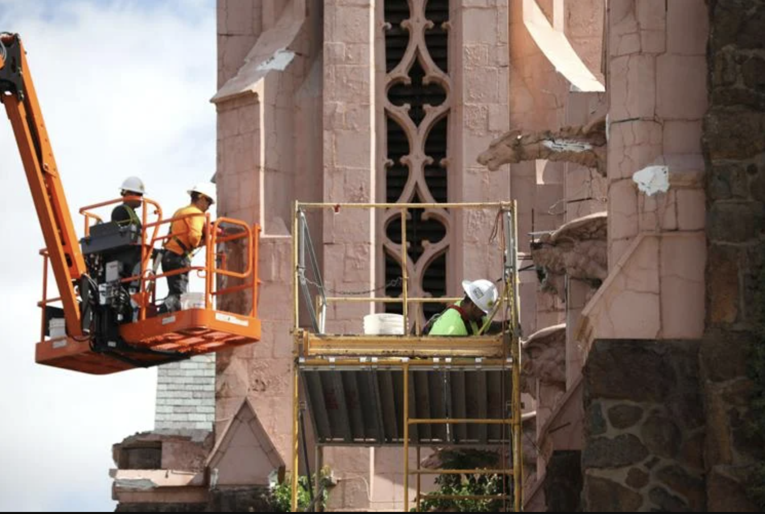  Engineers and contractors spent several days recently working on the exterior of the Nativity of the Blessed Virgin Mary chapel on Beaver Street, taking core samples of structural concrete and mapping damage to decorative cast concrete on the exteri
