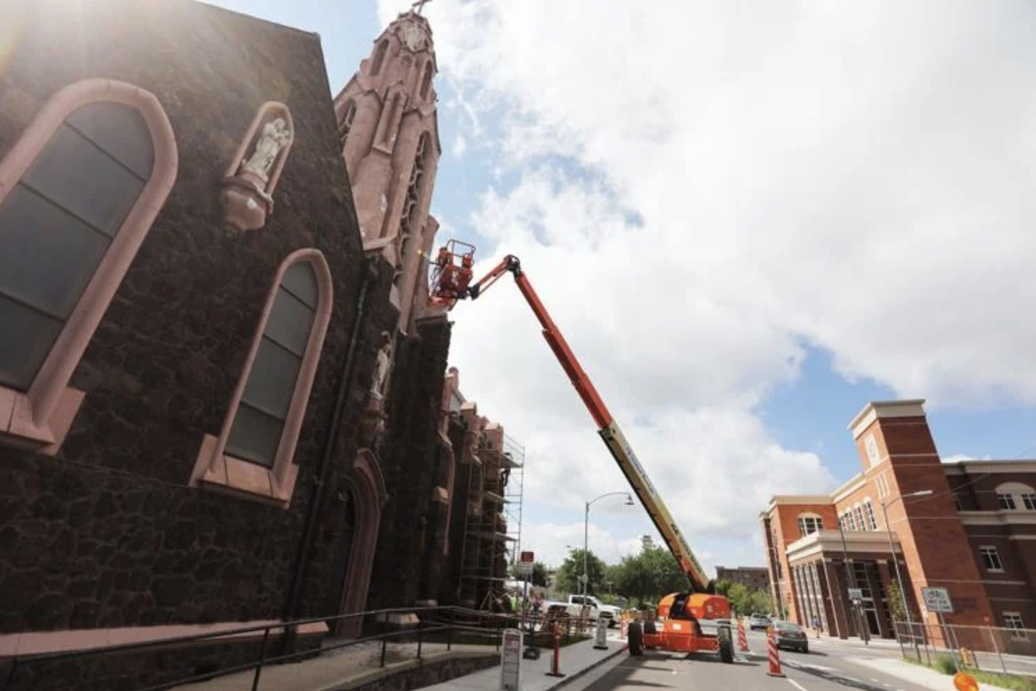  Engineers and contractors spent several days recently working on the exterior of the Nativity of the Blessed Virgin Mary church on Beaver Steet taking core samples of structural concrete and mapping damage to decorative cast concrete on the exterior
