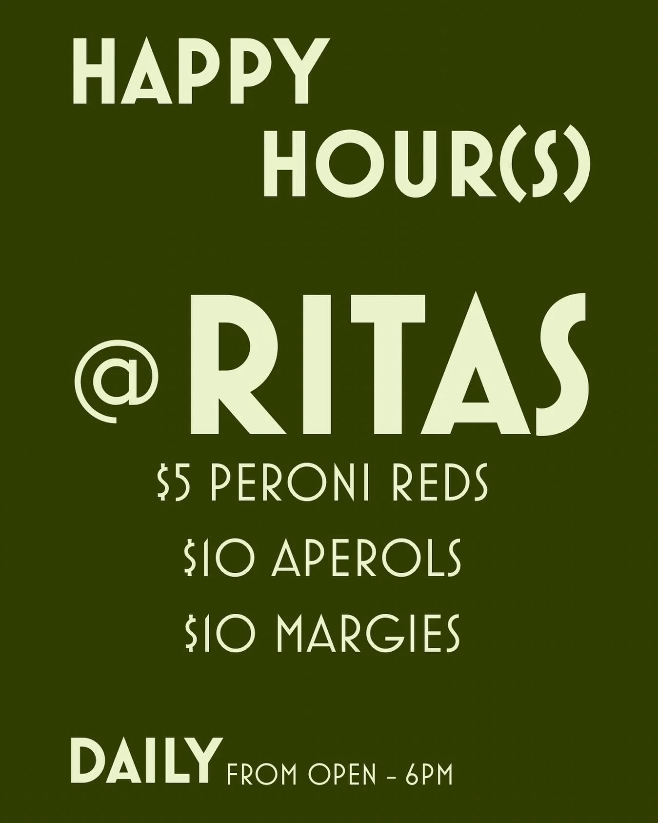 It&rsquo;s a happy Wednesday and an even happier hour here at Rita&rsquo;s. Come enjoy some drink specials in the sun with us ❤️
On from open &lsquo;til 6pm, daily. 

With love, Rita&rsquo;s  xx
