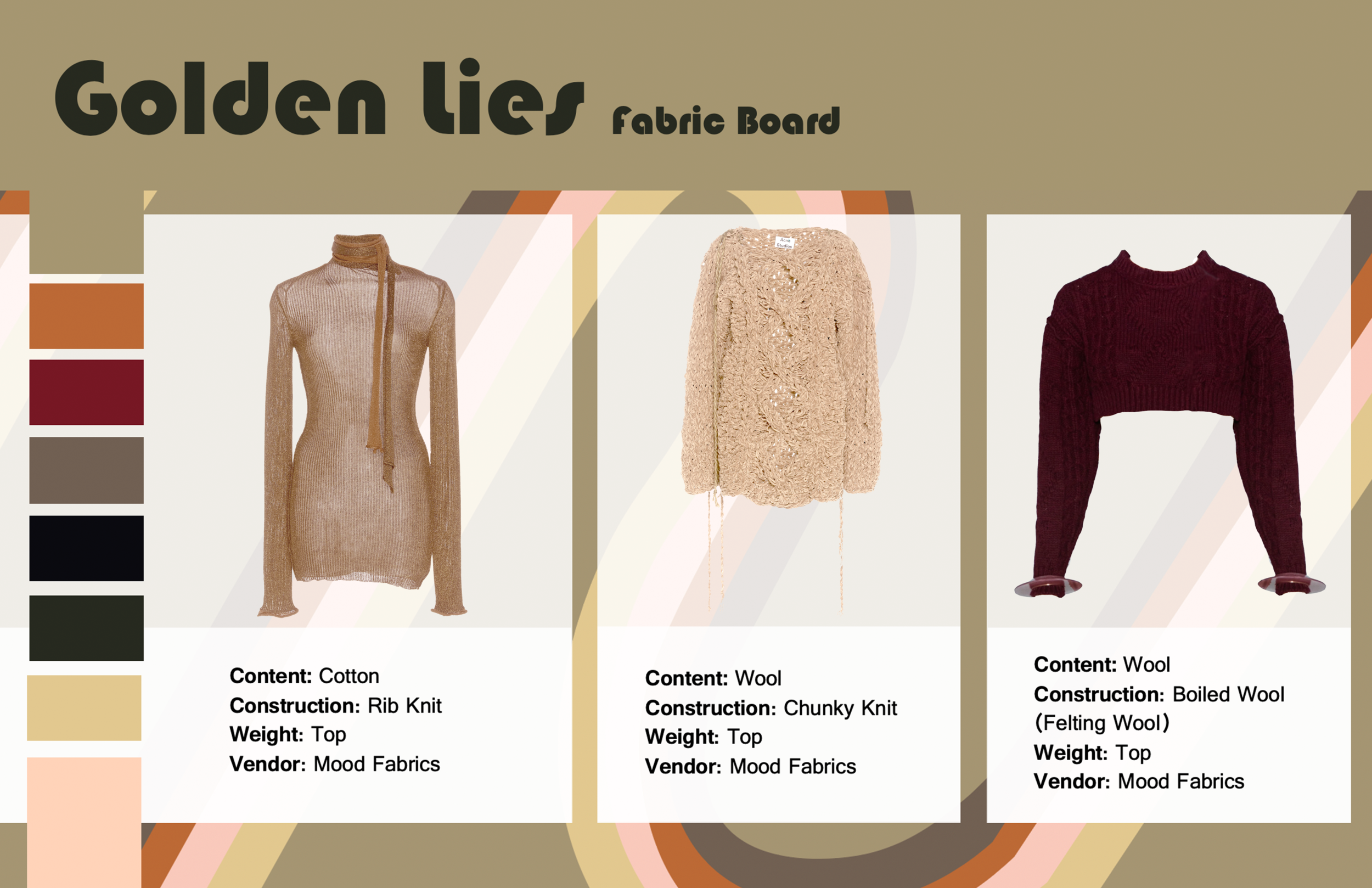 Mood board for a more sustainable version of Ance Studios Fall 2019 Collection. This includes all natural fabrics from Mood