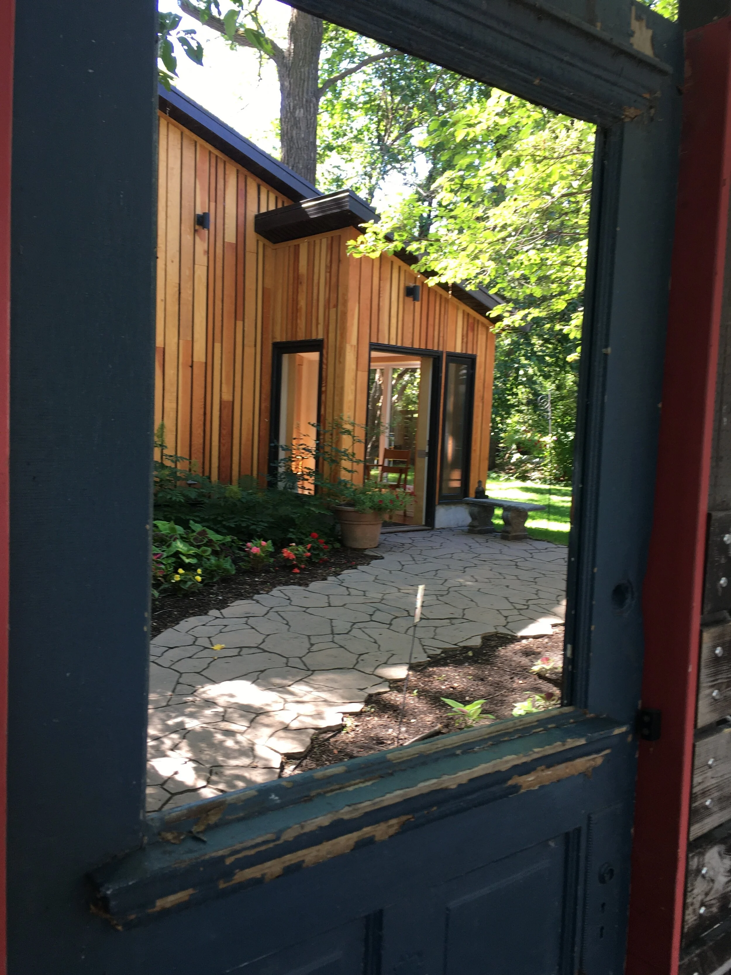 exterior of building as seen through doorway