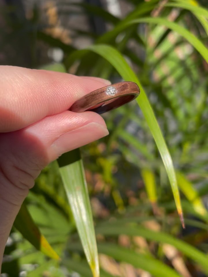 So last week I got to work on something wonderful! Christina contacted me to see if could help out with setting a diamond into the gorgeous walnut veneer bentwood ring she&rsquo;d handmade to propose to her partner. Check out this beauty! Was an abso