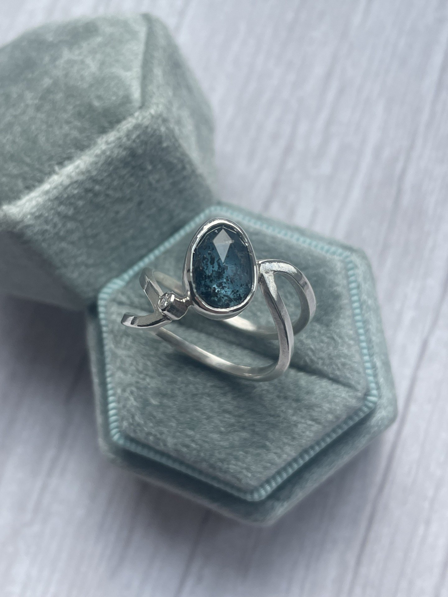 Sterling Silver double band Teal Moss Kyanite Ring with Moissanite - Size Q