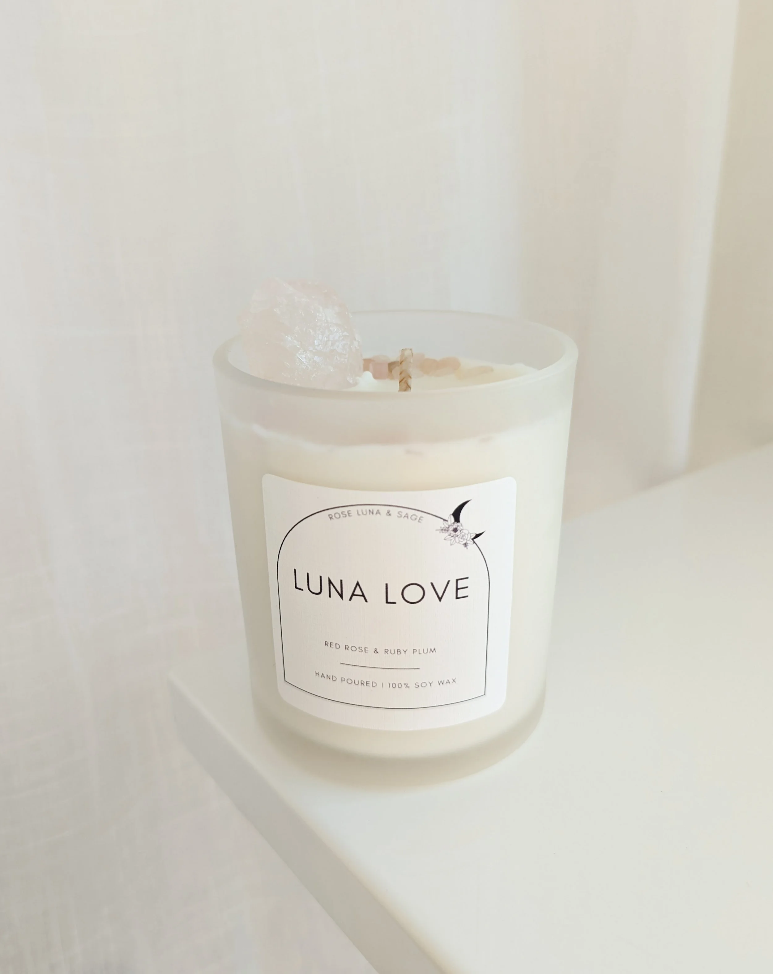 Rose Quartz candle, crystal candle, natural soy candle, moon candle, Made in Australia
