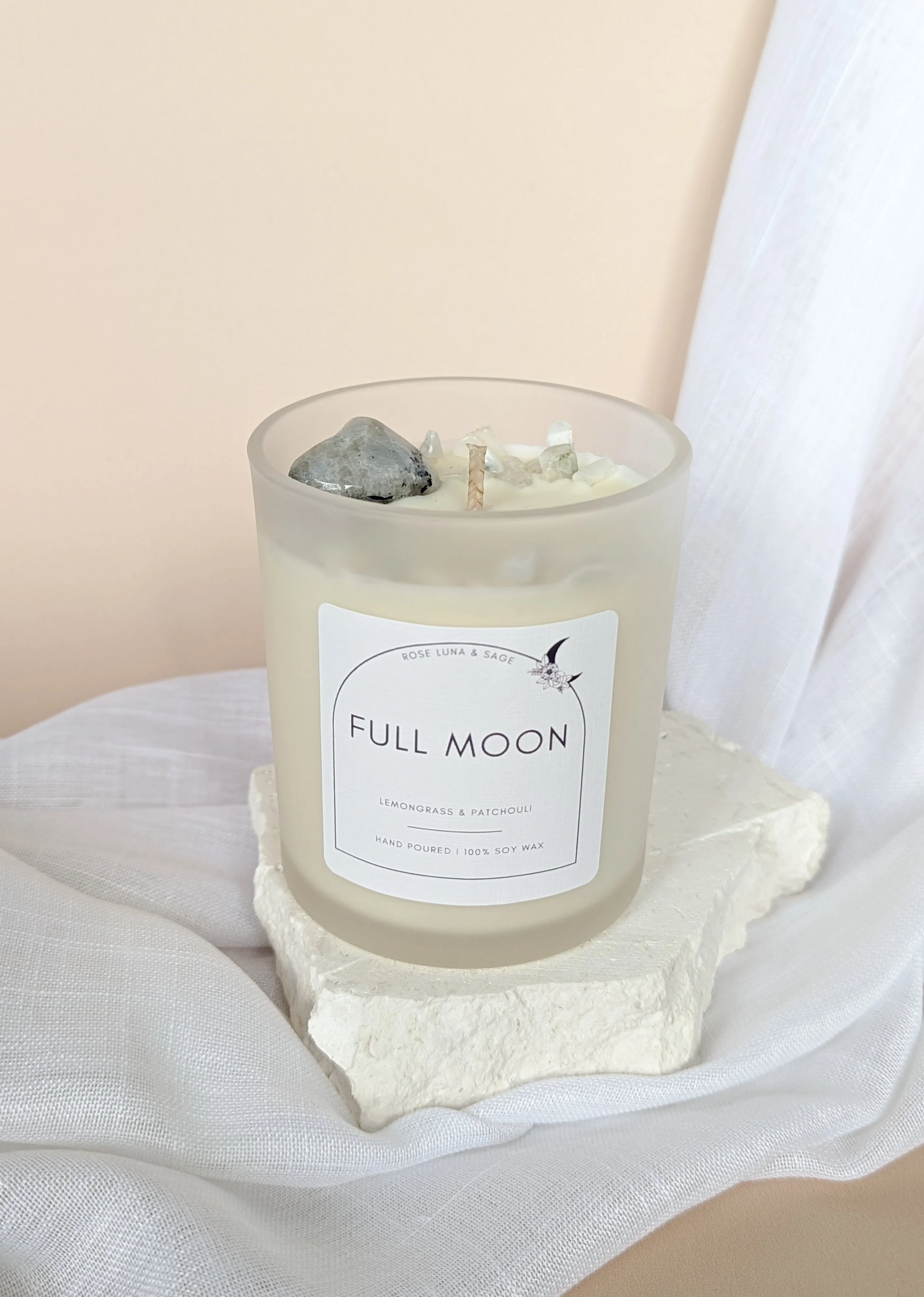 Rainbow Moonstone candle, crystal candle, natural soy candle, moon candle, Made in Australia. New Moon Candle. Full Moon Candle. Astrology Candle. Zodiac Candle.
