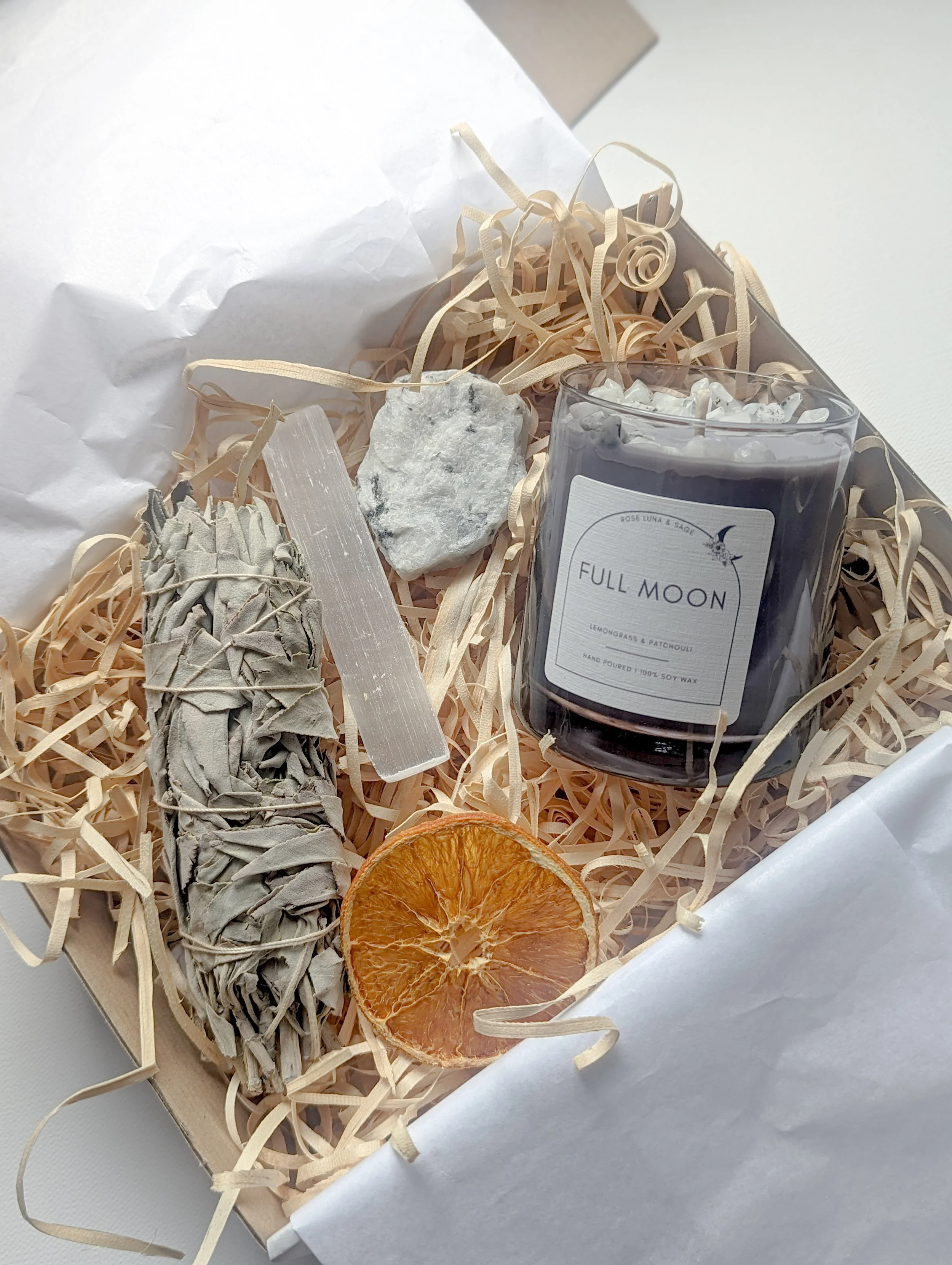 Full moon gift box, full  moon candle, soy candle, full moon ritual, moonstone, white sage, selenite
