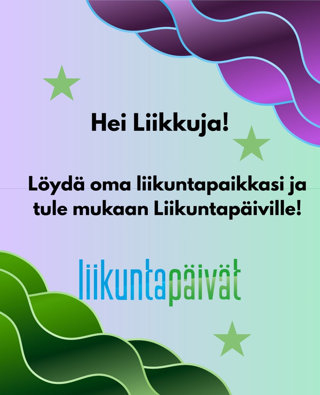 LIIKUNTA KUULUU KAIKILLE!💚

Liikuntap&auml;ivien aikana mukana olevat yritykset tarjoavat liikkujille maksuttomia ja edullisia mahdollisuuksia kokeilla erilaisia liikuntamuotoja ja palveluita.

Olit sitten aktiiviliikkuja tai vasta etsim&auml;ss&aum