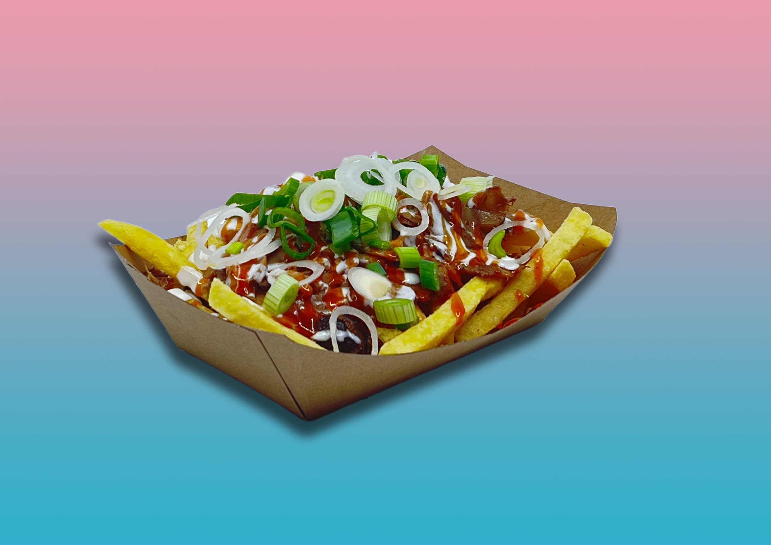 Loaded Fries Aloha – Pulled Mushrooms, Huli Huli Sauce, Sojajoghurt, Frühlingszwiebeln