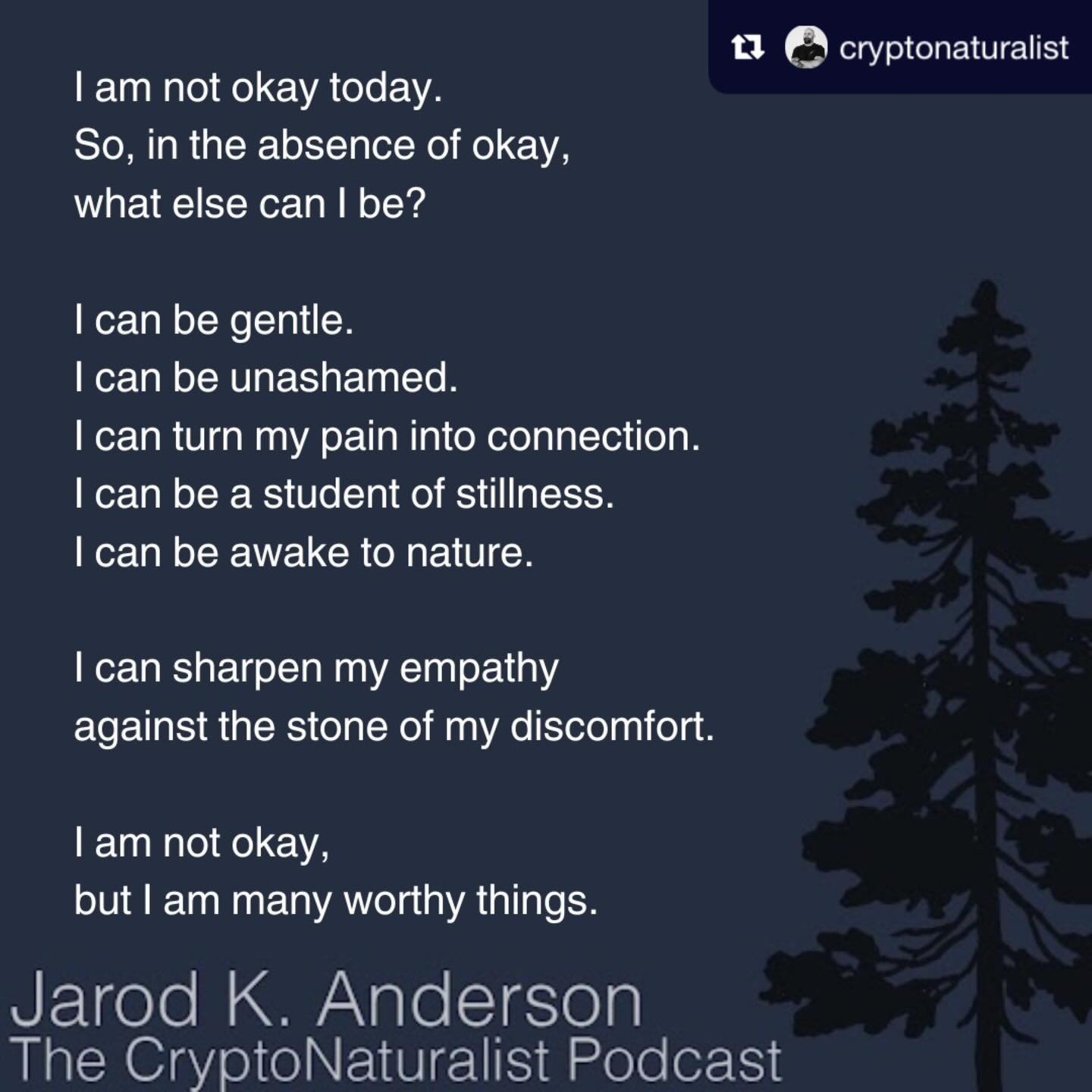 The world is a weary, heavy, disconnected place and it is at times like these that words matter most.

I found some comfort in this beautiful poem from @cryptonaturalist today and whenever you are, friends, I hope it comforts and inspires you too.