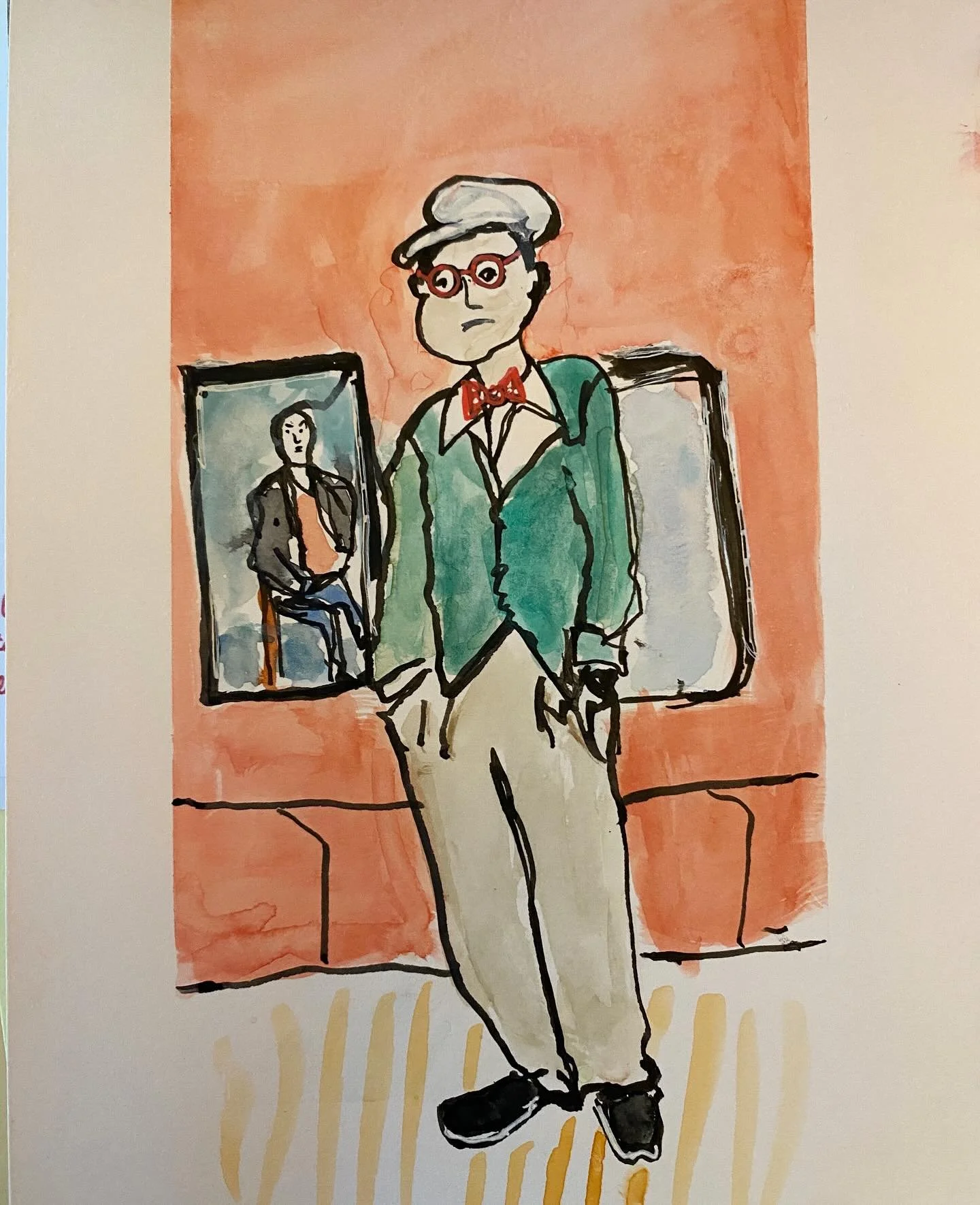 A mostly continuous line drawing of David Hockney from class last week. Yesterday, I went to LACMA and spent ten uninterrupted minutes staring at his painting &ldquo;Mulholland Drive:The Road To The Studio&rdquo;. It&rsquo;s the largest painting he e