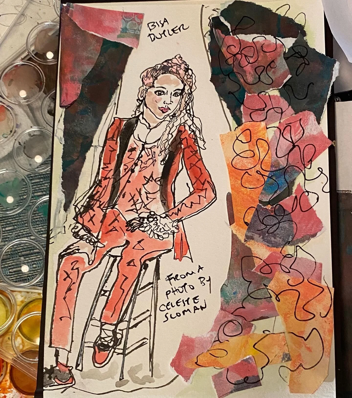 Masters prompt #5: Bisa Butler drawn from a photo taken by Celeste Sloman. Collage using gel plate prints.