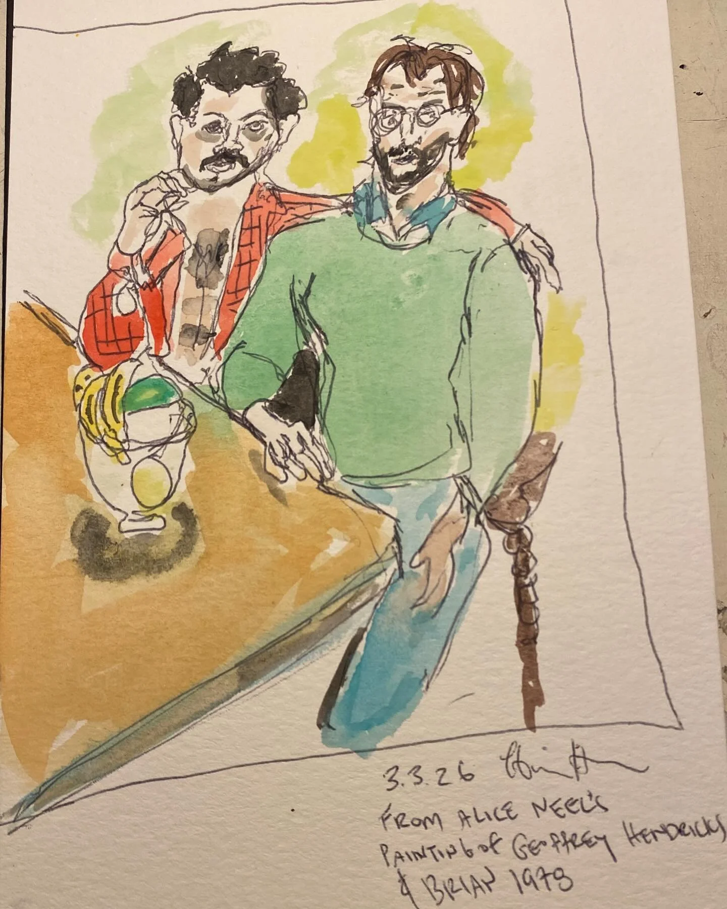 15-minute continuous line drawing/painting of the painting &ldquo;Geoffrey Hendricks &amp; Brian&rdquo; by Alice Neel 1978. Masters prompt #3 - Alice Neel.