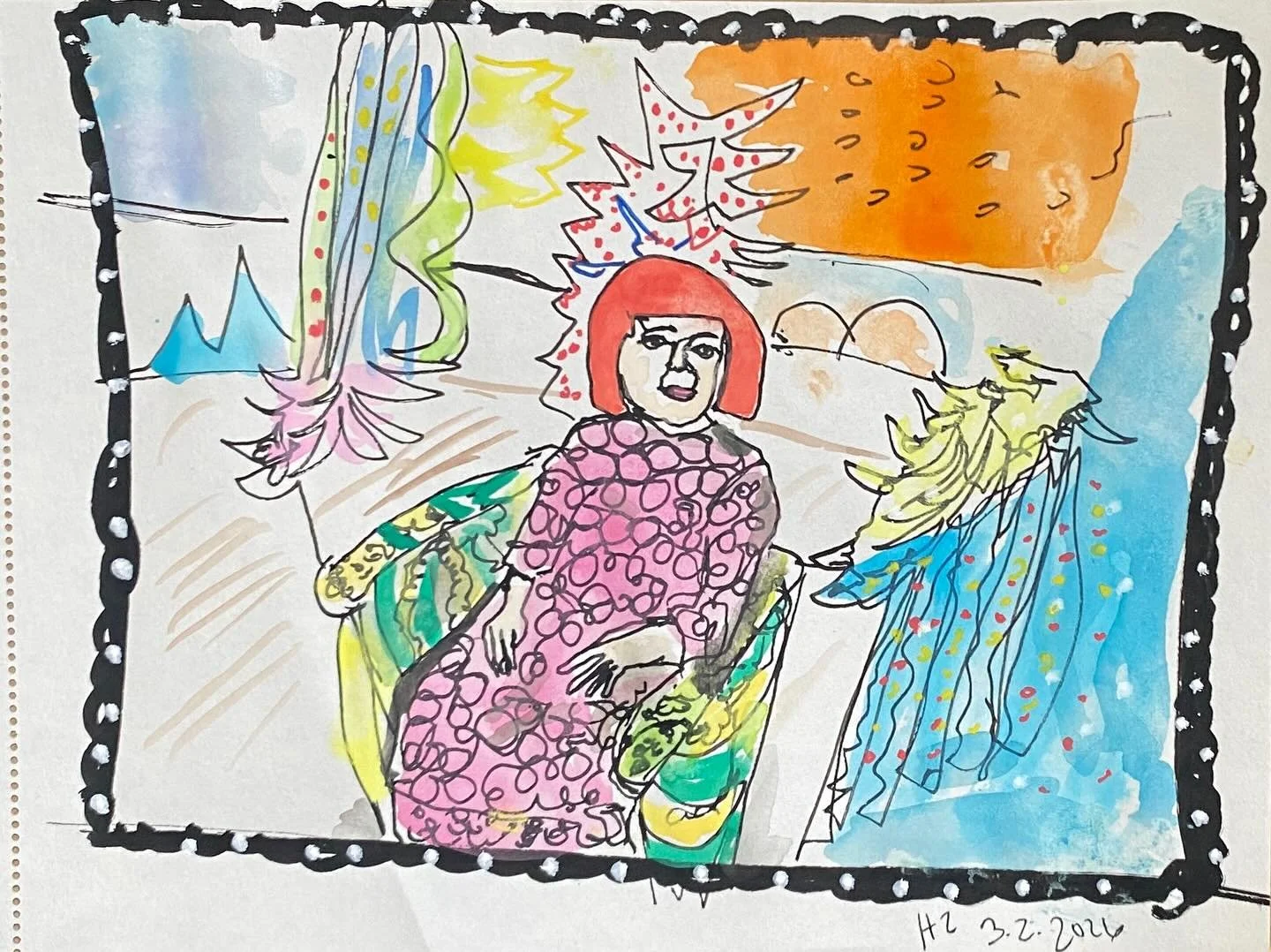Masters Prompt #2: Yayoi Kusama. Continuous line drawing from a photo in the WSJ Magazine taken in 2017 by Nobuyoshi Araki. Acrylic paint pens and watercolors. Went to see her show at the Broad that same year and it was phenomenal.