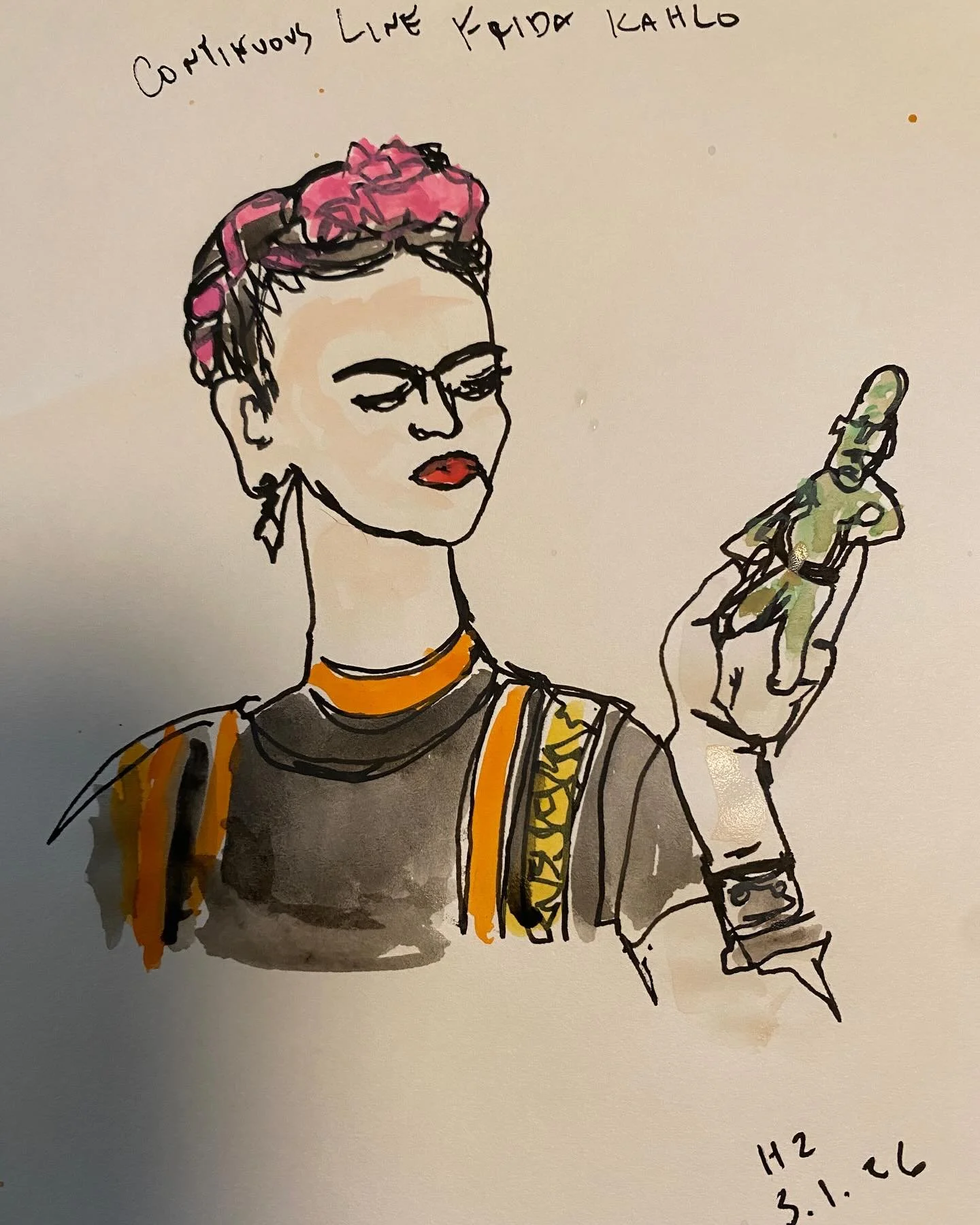 The continuous line theme for March is Masters. Today the prompt was Frida Kahlo. Kept the pen on the page and completed in 15 minutes.