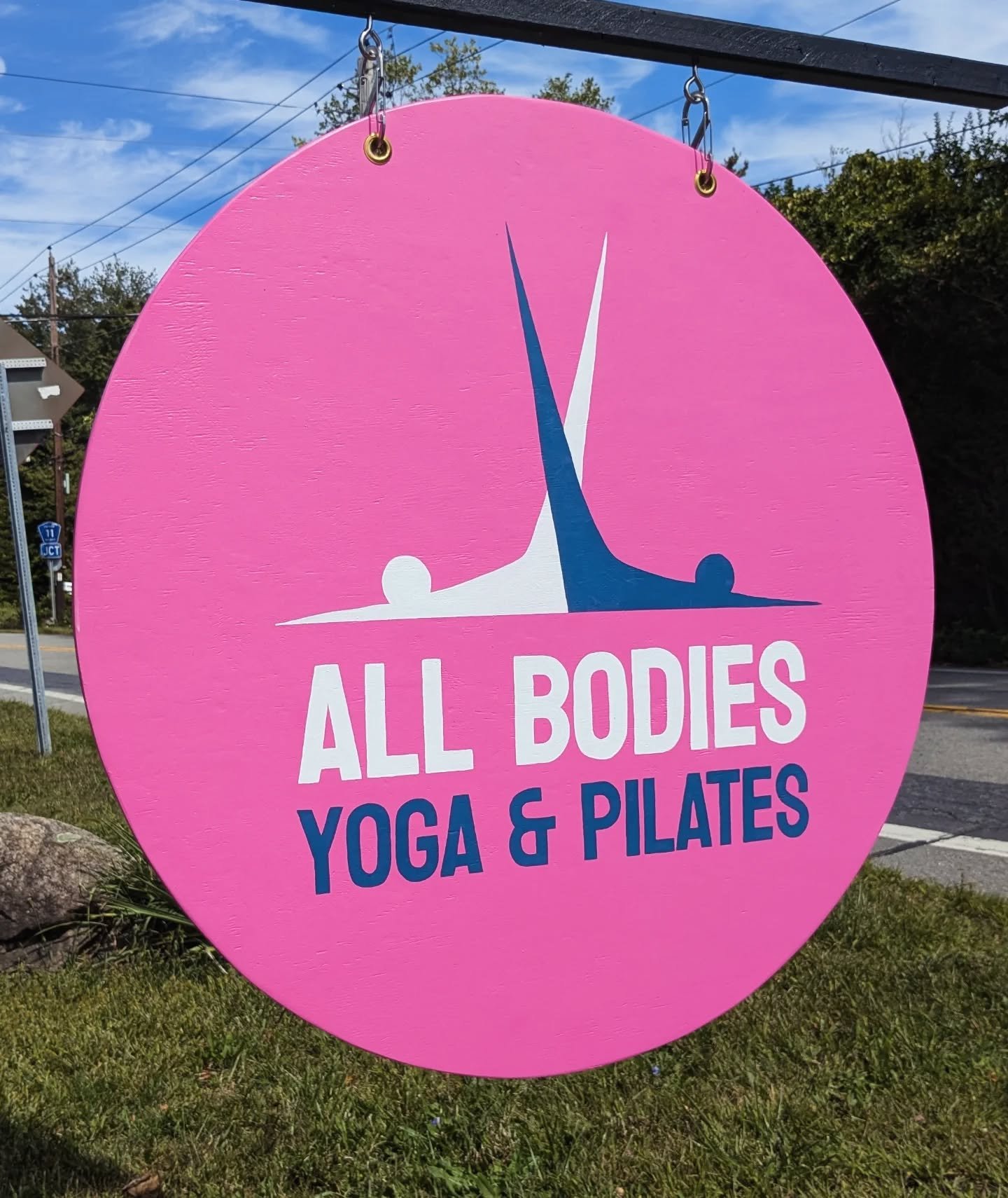 Double sided hanging sign for All Bodies Yoga Pilates in Garrison. Custom mixed this pink and also busted out the router circle guide...had a fun time with this one!! Enjoyed painting this font too. 

Thanks to Shelley of @allbodiesyogapilates for tr