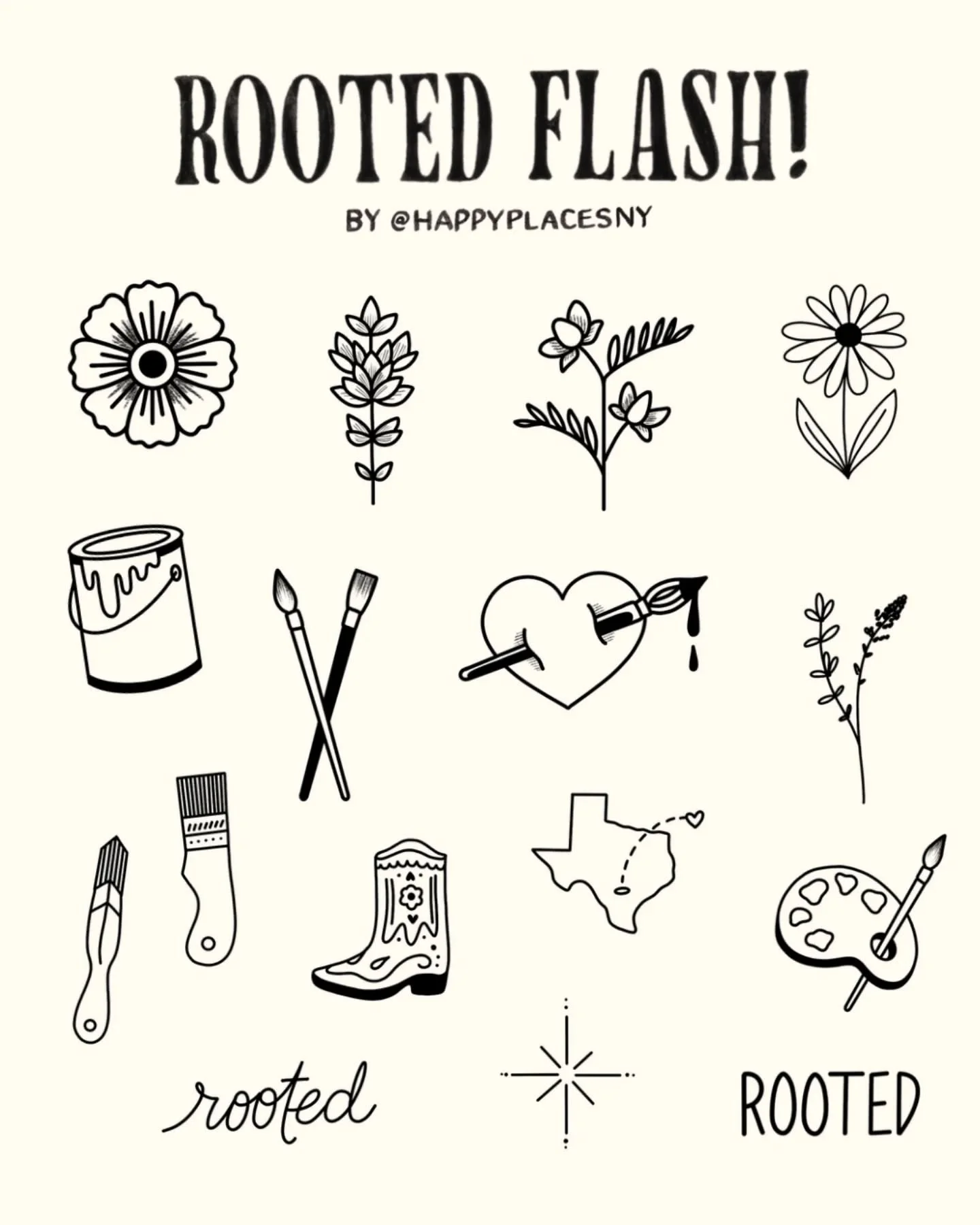 So excited to announce that I have designed the tattoo flash for @rootedmuralists conference this year! To know a bunch of talented muralists will have my art on their bods forever is really a super duper huge honor. I put together a variety of fun t