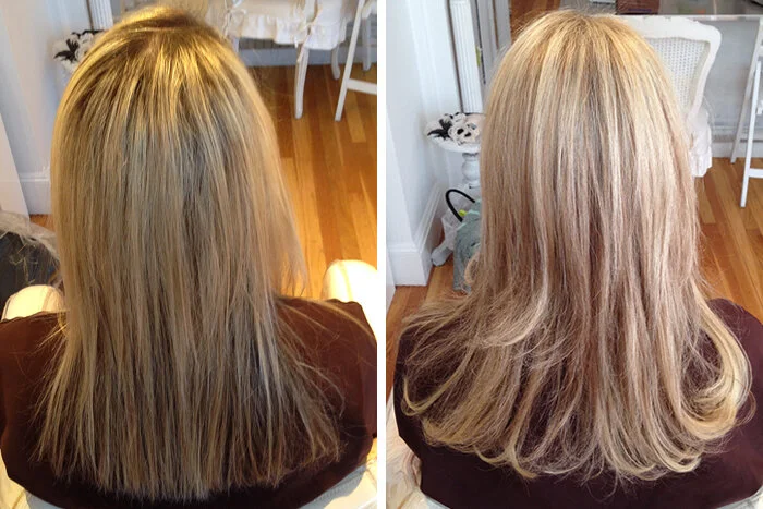 Comparison of a woman's hair before and after a haircut and styling. The hair is blonde, with the length shortened and styled with soft curls after the cut.