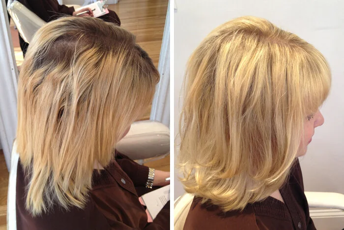 Side-by-side comparison of a woman's hair before and after a professional haircut and styling, showing a transformation from shoulder-length, uneven hair to a shorter, layered, and styled look with softer waves.