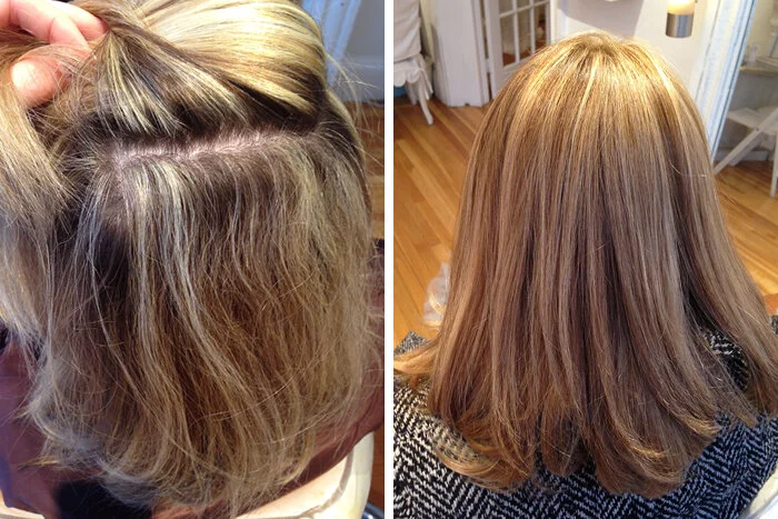 Side-by-side comparison of hair before and after styling. The before shows frizzy, unkempt hair, and the after shows smooth, styled, and shiny hair.