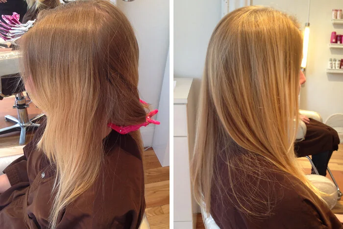 Before and after side profile of a woman with long blonde hair at a hair salon, showing a transformation from uneven, dull hair to shiny, smooth, and evenly colored hair.