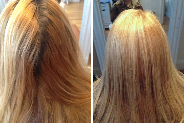 Comparison of hair before and after being colored, showing a transformation from darker, uneven blonde to lighter, more uniform blonde.
