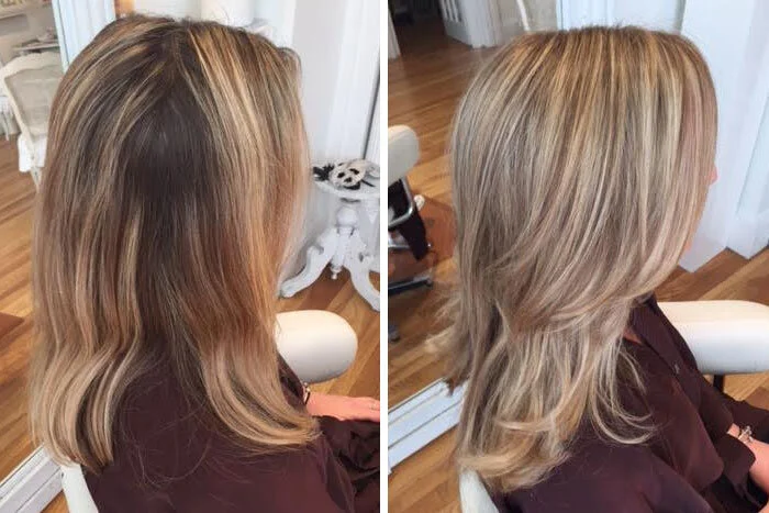 Side-by-side comparison of a woman's hair before and after a professional haircut and coloring, showing a darker, layered style on the left and a lighter, wavy style on the right.