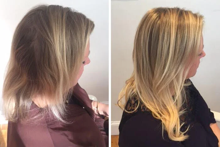Side-by-side comparison of a woman's hair before and after a salon treatment or styling. The 'before' shows dull, uneven hair, while the 'after' features shiny, smooth, and styled hair with curls.