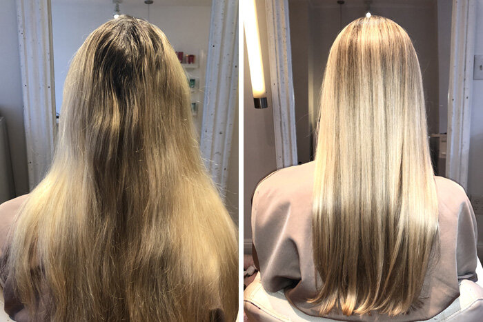 Side-by-side comparison of a woman's hair before and after a styling treatment. The left shows frizzy, wavy blonde hair, while the right shows smooth, straight blonde hair.
