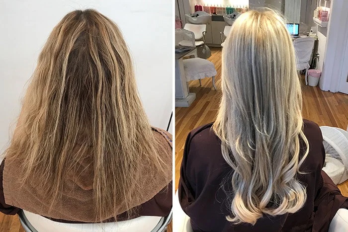 Comparison of a person's hair before and after a professional hair coloring and styling session. The before photo shows frizzy, uneven, and dull blonde hair. The after photo shows smooth, shiny, and styled blonde hair with loose curls.