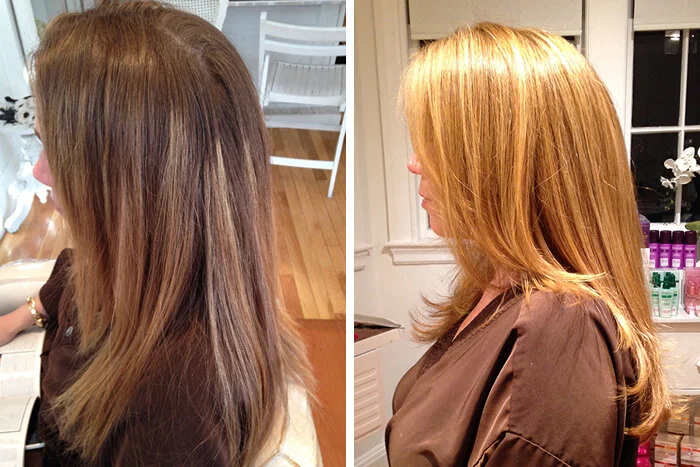 Comparison of a woman's hair before and after a haircut and coloring. The before shows longer, darker hair, and the after displays shorter, brighter, and more styled hair.