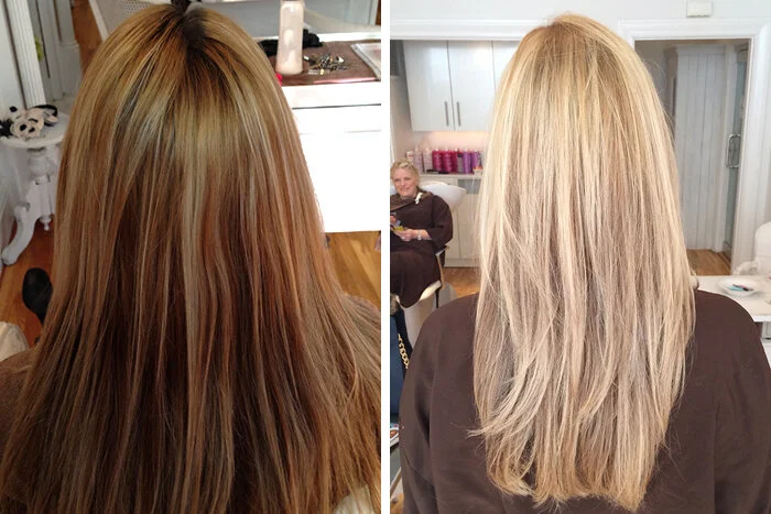 Side-by-side comparison of a woman's hair before and after hair coloring; the before hair is light brown with subtle highlights, the after hair is platinum blonde.