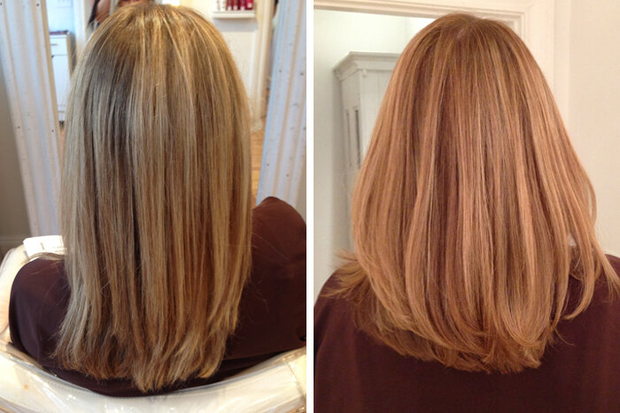 Side-by-side comparison of hair before and after a haircut and color treatment. The hair in the left image is longer and lighter, while the hair in the right image is shorter, more layered, and has a richer, warmer color.