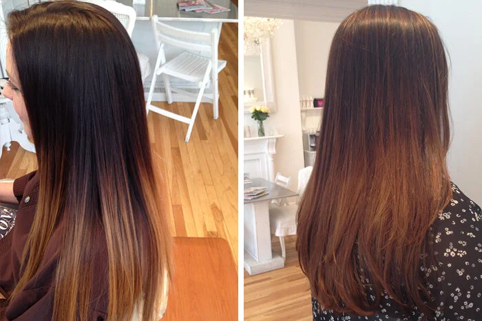 Side-by-side comparison of two women with long, brown hair in indoor settings, one with darker roots and lighter ends, the other with evenly toned brown hair.