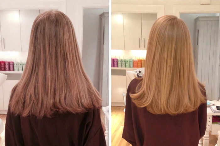 Comparison of a woman's hair before and after a hair coloring or styling treatment, showing the hair's transition from a light reddish-brown to a blonde shade.