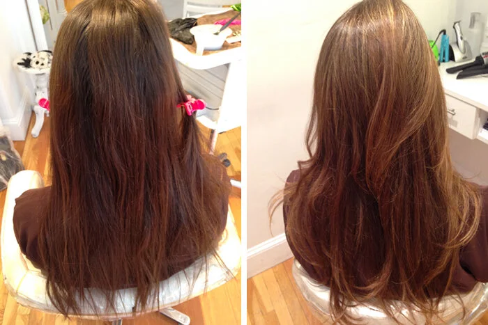 Side-by-side comparison of a woman's hair before and after coloring or styling, showing change in hair color and texture.