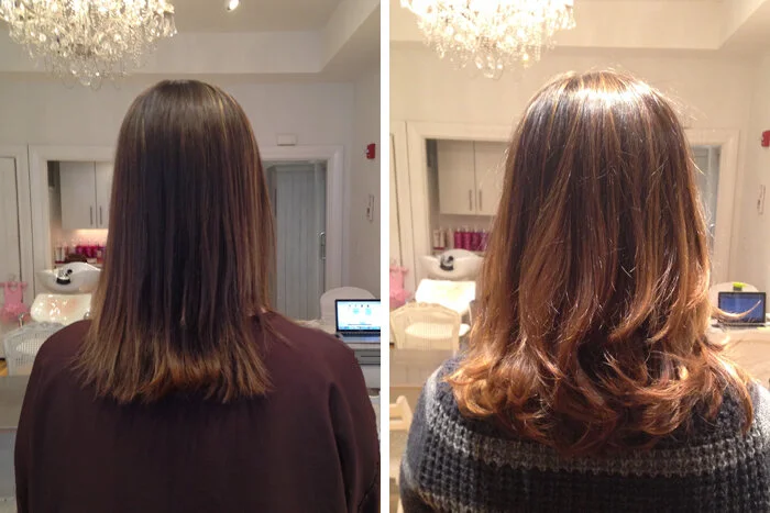 Side-by-side comparison of a woman's hair before and after styling, with the hair being straight in the left image and styled into loose waves in the right image.